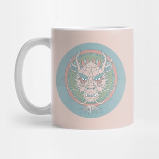 chinese dragon face on dusty blue Mug